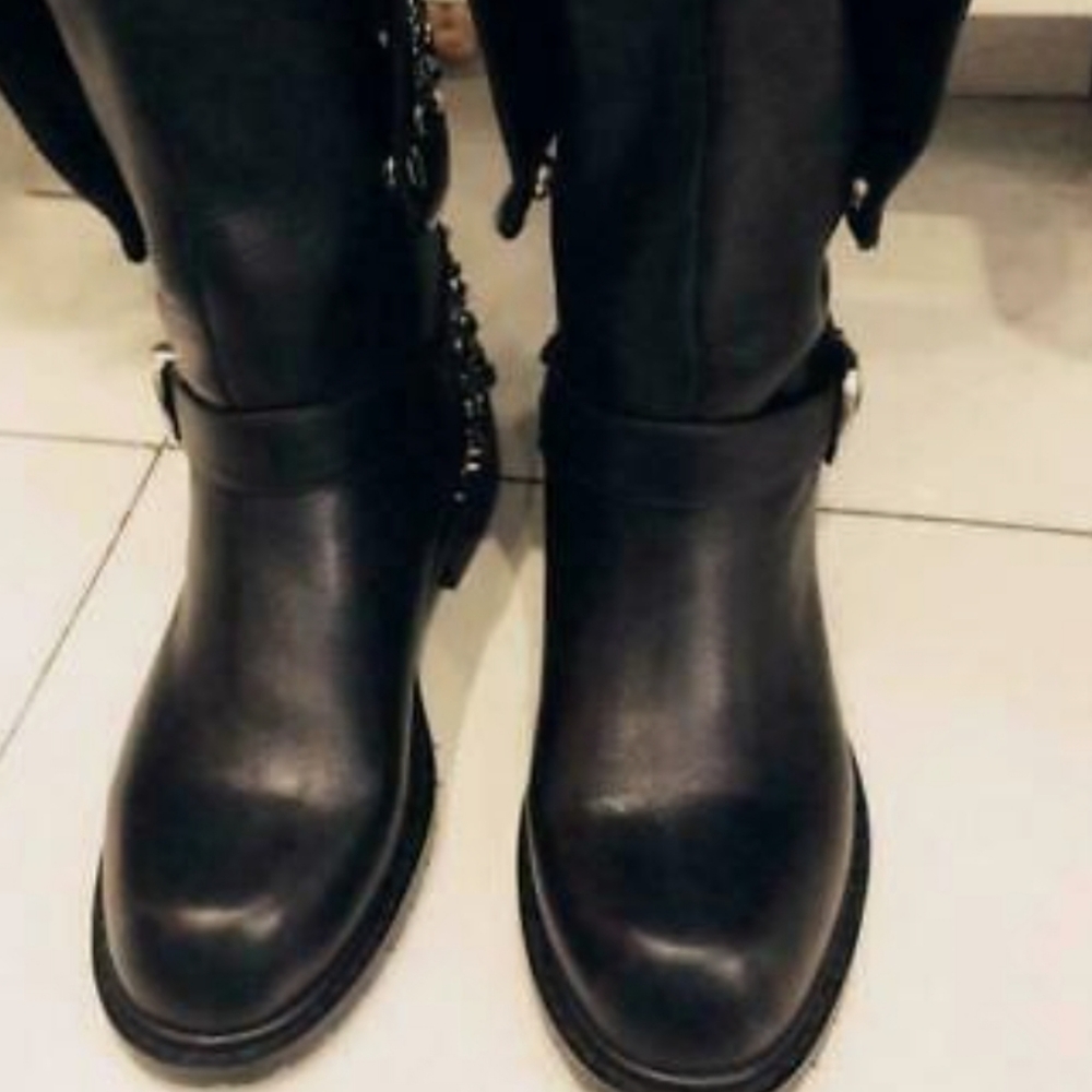 SOLD MERCARI-Punk Rivet Rhinestone Mid Calf Leather Boots - Picture 4 of 10